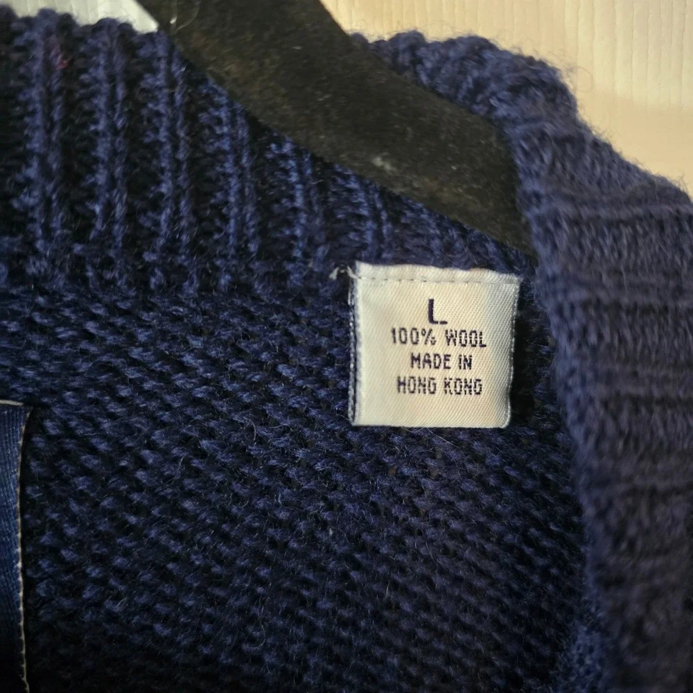 London Fog Vintage 90s Wool Sweater Large Navy Colorblock Geometric Chunky Knit‎